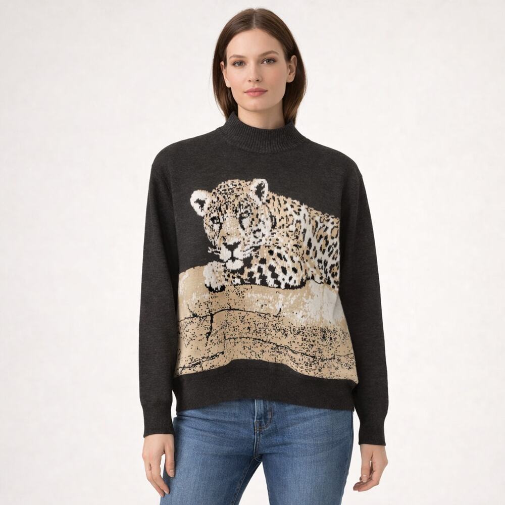 St. John Gray Knit Cheetah Mock Neck Sweater size Medium Vintage